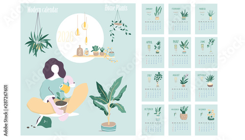 Monthly Calendar 2020. Cute printable creative template with beauty and floral elements. Plants and home garden. Tren Modern Vector illustration. Proximity to nature. Nature connect