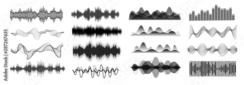 Different sound waves black  isolated on white background. Equalizers template. Music audio frequency, voice line waveform, electronic radio signal, volume level symbol, curve radio, waves set. Vector