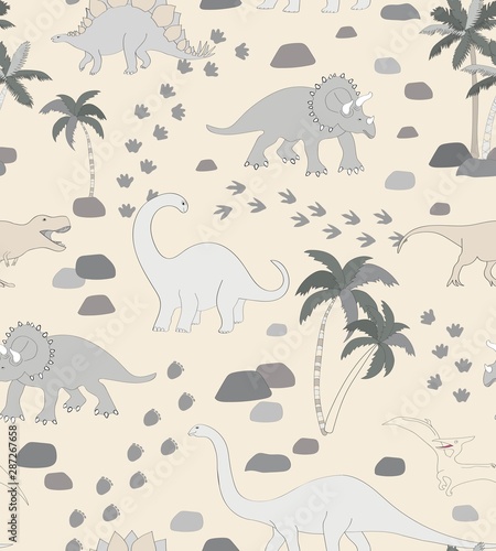 Seamless repeat pattern with a monochrome neutral dinosaur scene, palms, rocks and dino tracks