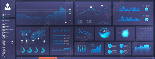 Informative and simple dashboard for any site purposes. Colorful infographics template for business and other projects. Admin panel interface with futuristic blue interface. Vector elements set