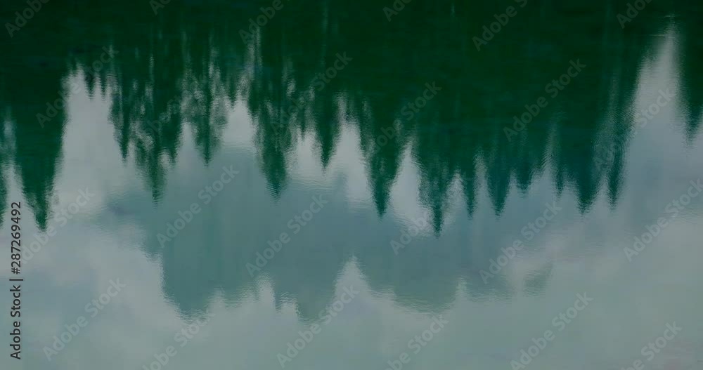 Lake Karezza, Relfection from the Dolomites and Trees in the Lake, Italy Lake Karezza, Relfection from the Dolomites and Trees in the Lake, Italy