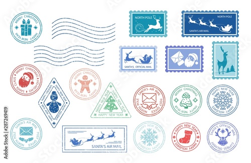 Merry Christmas stamp. Santa Claus postage stamps. Christmas mail. Set of different Christmas stamps. Santa's Air Mail. Isolation. Vector illustration