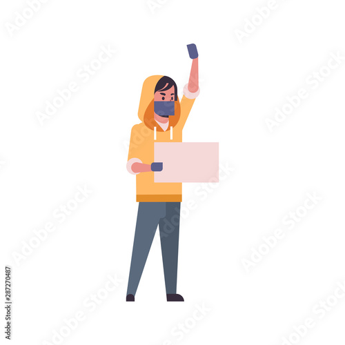 man wearing face mask guy protester holding blank placard male activist with empty sign banner protest demonstration concept flat full length