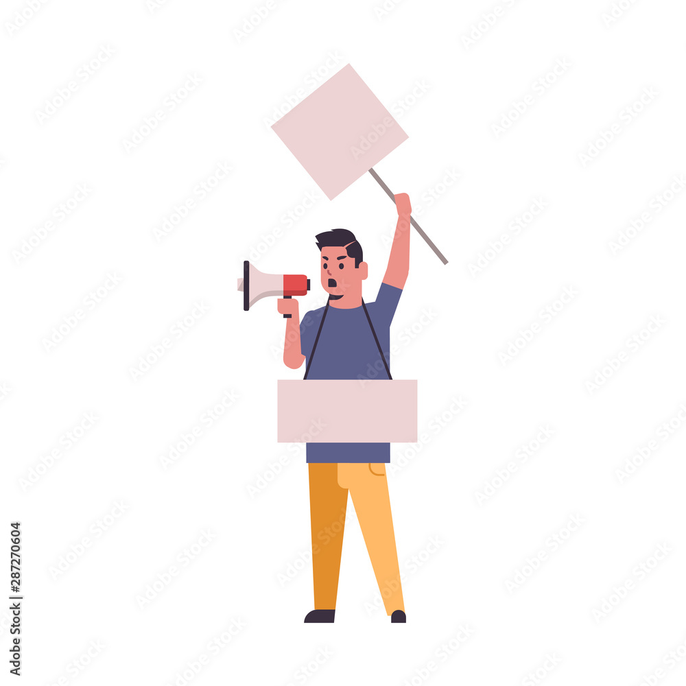 man protester holding blank placard yelling into loudspeaker male activist with empty sign banner and megaphone protest demonstration concept flat full length man protester holding blank placard yelling into loudspeaker male activist with empty sign banner and megaphone protest demonstration concept flat full length