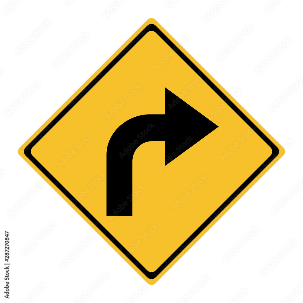 Traffic sign turn right warning attention vector on yellow background Traffic sign turn right warning attention vector on yellow background