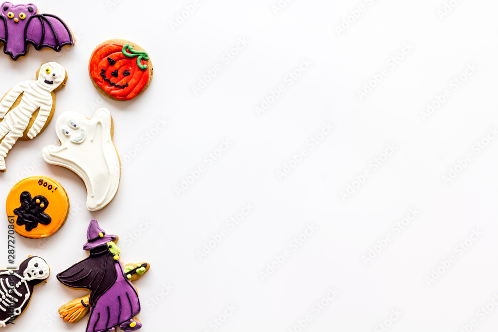 Frame from halloween figures on white background top view copyspace