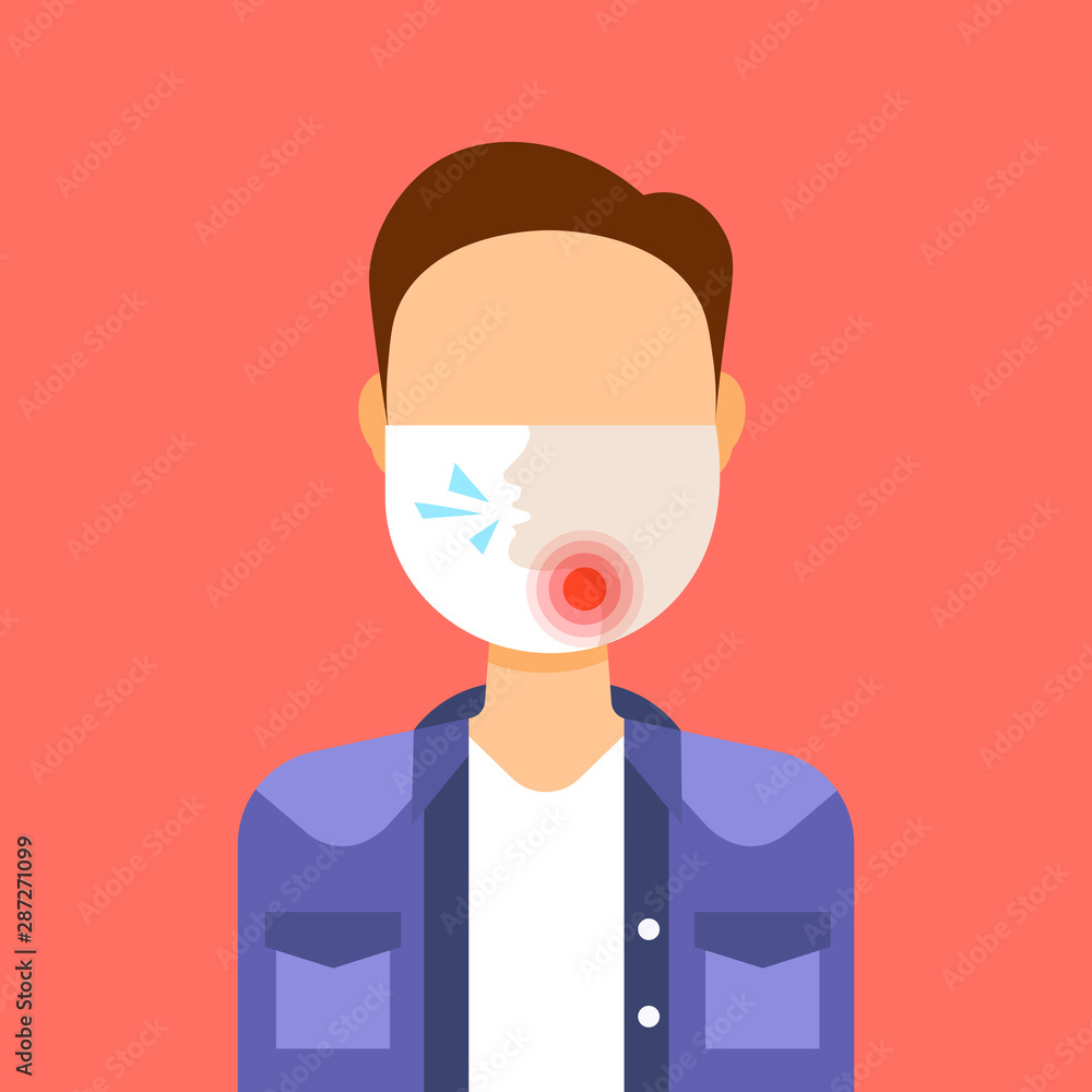 man wearing protective face mask with painful sore throat ache illness medicine healthcare concept guy feeling sick male profile avatar portrait flat