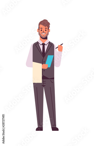 professional waiter making note man restaurant worker in uniform notepad and towel taking order concept flat full length white background vertical