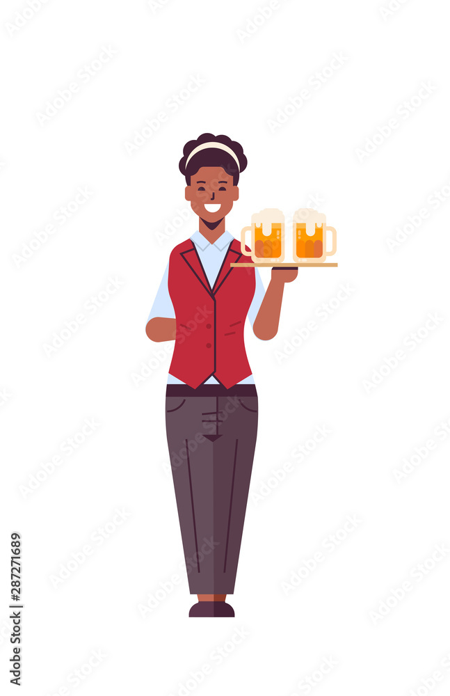 professional waitress holding serving tray with two glasses of beer african american woman restaurant worker in uniform carrying alcohol drinks flat full length white background vertical professional waitress holding serving tray with two glasses of beer african american woman restaurant worker in uniform carrying alcohol drinks flat full length white background vertical