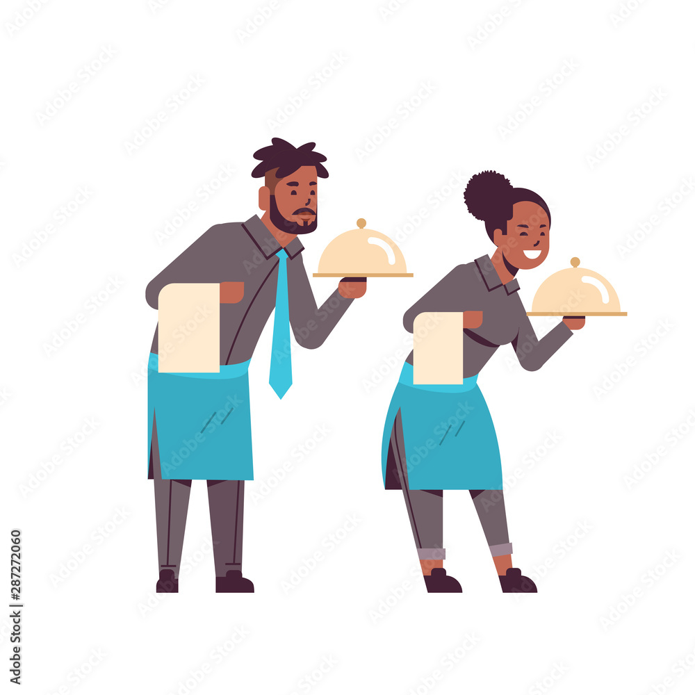 professional waiters couple holding dish african american man woman restaurant workers in uniform with tray and towel food serving concept flat full length white background
