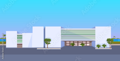 modern hotel office building exterior commercial business center design landscape background flat horizontal