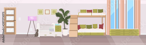 modern baby bedroom with crib and bunk bed empty no people children room interior flat horizontal