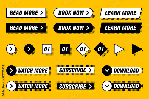 Set of modern buttons in different designs and colors like yellow, black, white. Ready to use in your web page or mobile app design