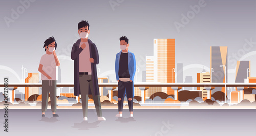 people wearing face masks environmental industrial smog dust toxic air pollution virus protection concept guys walking outdoor city building cityscape skyline background full length horizontal