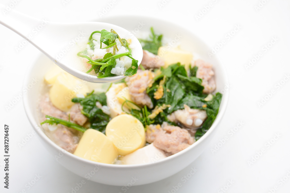 Boiled rice with pork, ivy gourd leaves and soft tofu Boiled rice with pork, ivy gourd leaves and soft tofu