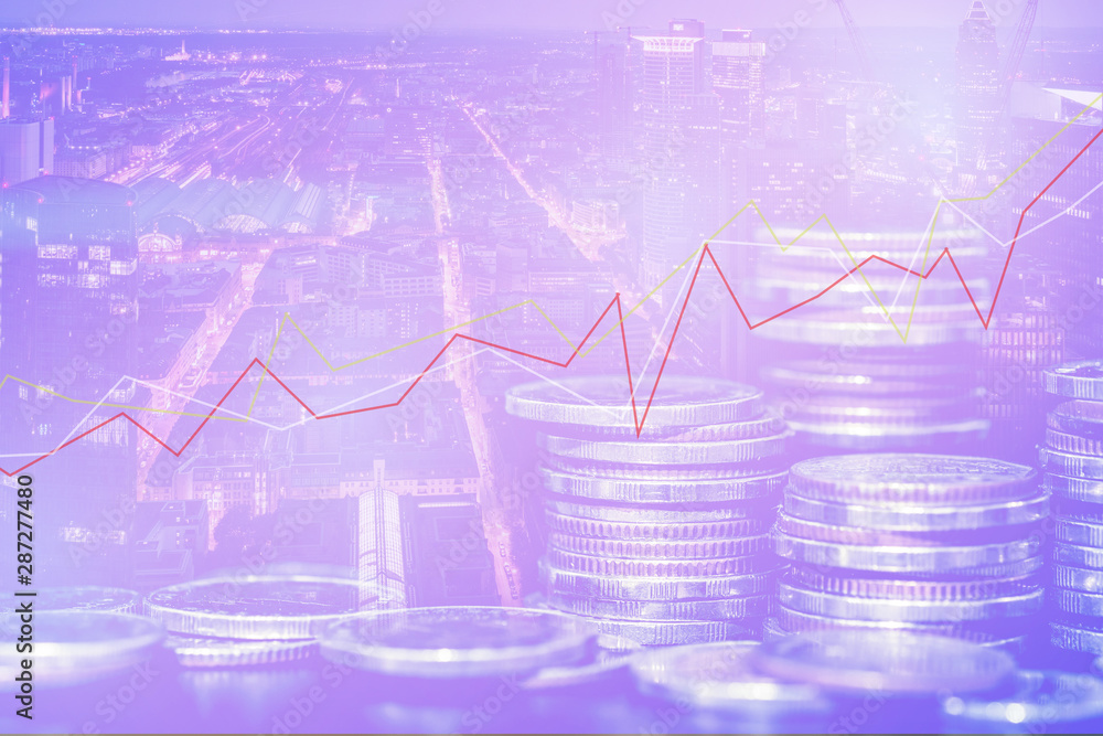 Double exposure of graph and rows of coins for finance and business concept, Financial investment concept, Forex trading candlestick chart economic, ECN Digital economy, business and money, Marketing. Double exposure of graph and rows of coins for finance and business concept, Financial investment concept, Forex trading candlestick chart economic, ECN Digital economy, business and money, Marketing.