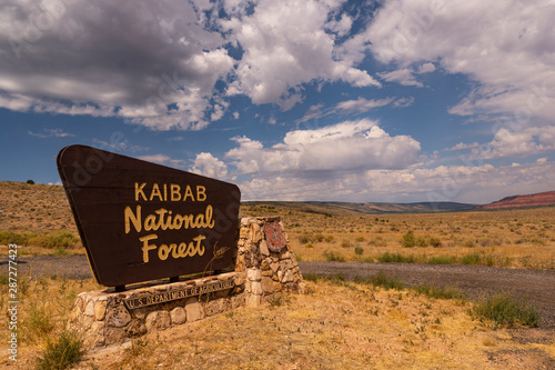 Kaibab National Forest Sign Stands Against White Clouds Blue Sky Arizona