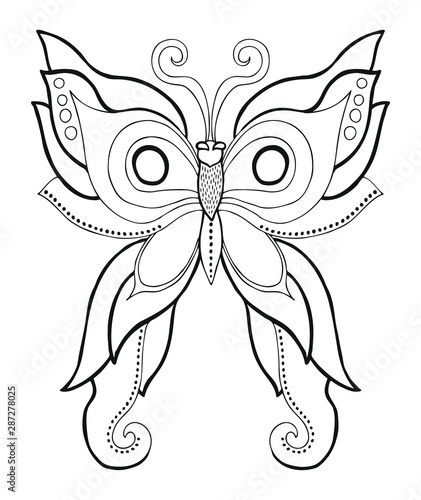 Isolated fantasy decorative butterfly. Hand drawn picture. Sketch for anti-stress adult coloring book in zen-tangle style. Vector illustration for coloring page.