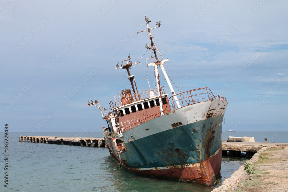 Abandoned ship in the waters of the Caribbean Sea