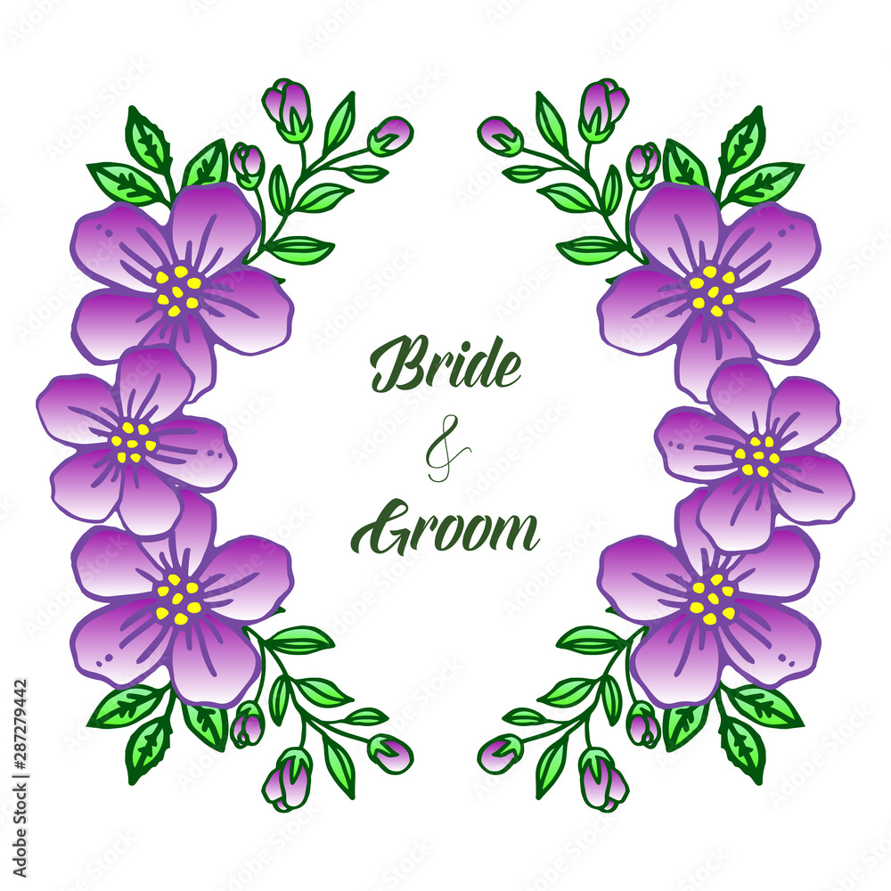Design template for invitation card bride and groom in retro style purple flower frame. Vector
