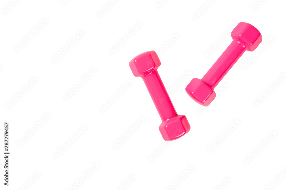 Top view ,Pink dumbbells isolated on white background Top view ,Pink dumbbells isolated on white background