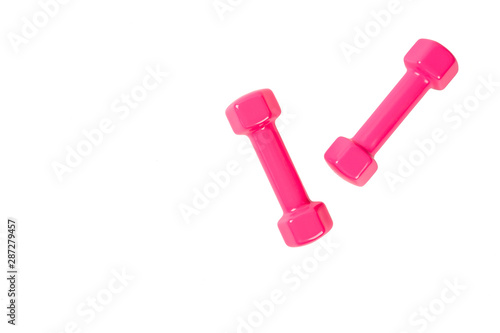  Top view ,Pink dumbbells isolated on white background