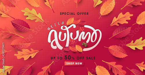 Autumn calligraphy. Seasonal lettering.autumn sale banner background.vector illustration