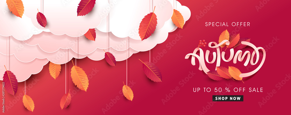 Autumn leaves background. Seasonal lettering.vector illustration.Promotion sale banner of autumn season. - obrazy, fototapety, plakaty 