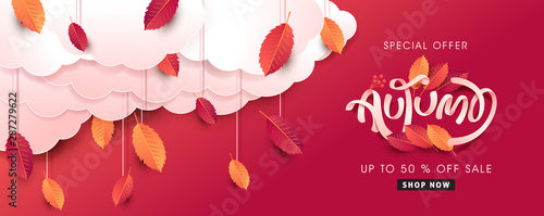 Autumn leaves background. Seasonal lettering.vector illustration.Promotion sale banner of autumn season. photo