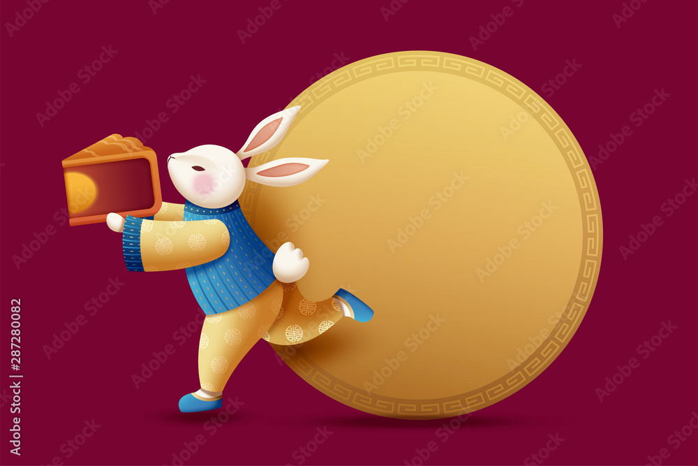 Costumed rabbit carrying mooncake