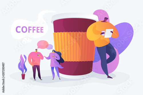 Coffee house, cafe takeout beverage. Friends drinking takeaway hot drink cartoon characters. Coffee break, low energy, tiredness and energizing concept. Vector isolated concept creative illustration