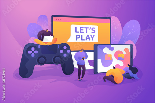 Cross-platform play, cross-play, cross-platform gaming on different video game hardware concept. Vector isolated concept illustration with tiny people and floral elements. Hero image for website.