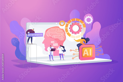 Brain with neural network on laptop and scientists, tiny people. Artificial intelligence,machine learning, data science and cognitive computing concept. Vector isolated concept creative illustration.