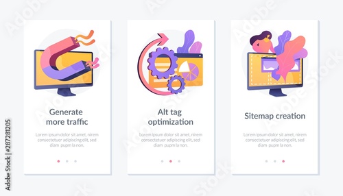 Website promotion services icons set. Search engine optimization business. Generate more traffic, alt tag optimization, sitemap creation metaphors. Website web page template - concept metaphors..