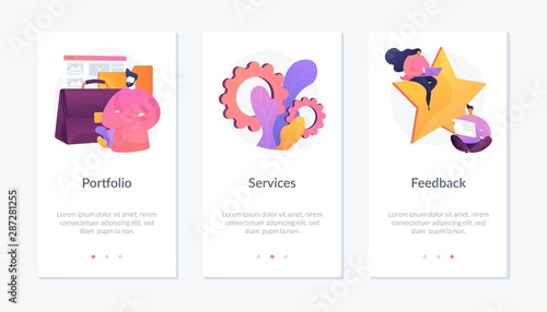 Candidate CV, job searching Internet service web icons set. Customer review. Employee resume. Portfolio, services, feedback metaphors. Website web page template - concept metaphors.