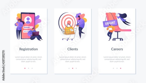 Internet shop interface cliparts set. Open vacancy, employees hiring. Sign up, online store customer order. Registration, clients, careers metaphors. Website web page template - concept metaphors.