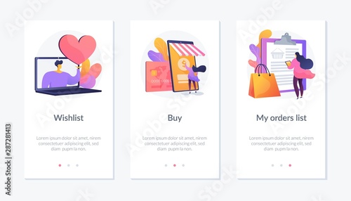 Internet store website interface. Purchases ordering, online payment. E-commerce cliparts set. Wishlist, buy, my orders list metaphors. Website web page template - concept metaphors.