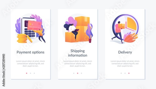 Online shopping web banners set. Internet store purchase e paying. Order shipment. Payment options, shipping information, delivery metaphors. Website web page template - concept metaphors.