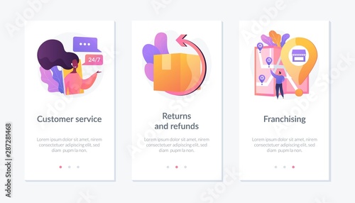 Internet shop clients support, call center. Orders shipment and delivery. Marketing network. Custom service, returns and refunds, franchising metaphors. Website web page template - concept metaphors.