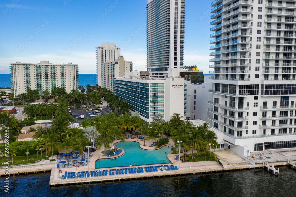 Aerial photo Doubletree by Hilton Hollywood Beach pool deck and palm trees  Stock Photo | Adobe Stock