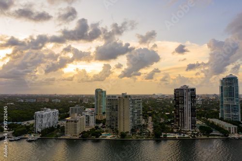Sunset over Brickell Miami FL with bayfront condominiums