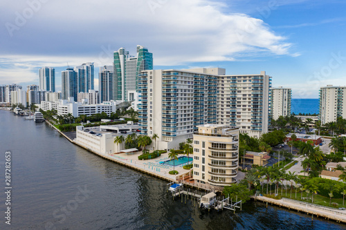 Hollywood Beach Florida condominium apartment buildings by Intracoastal Waterway aerial drone shot