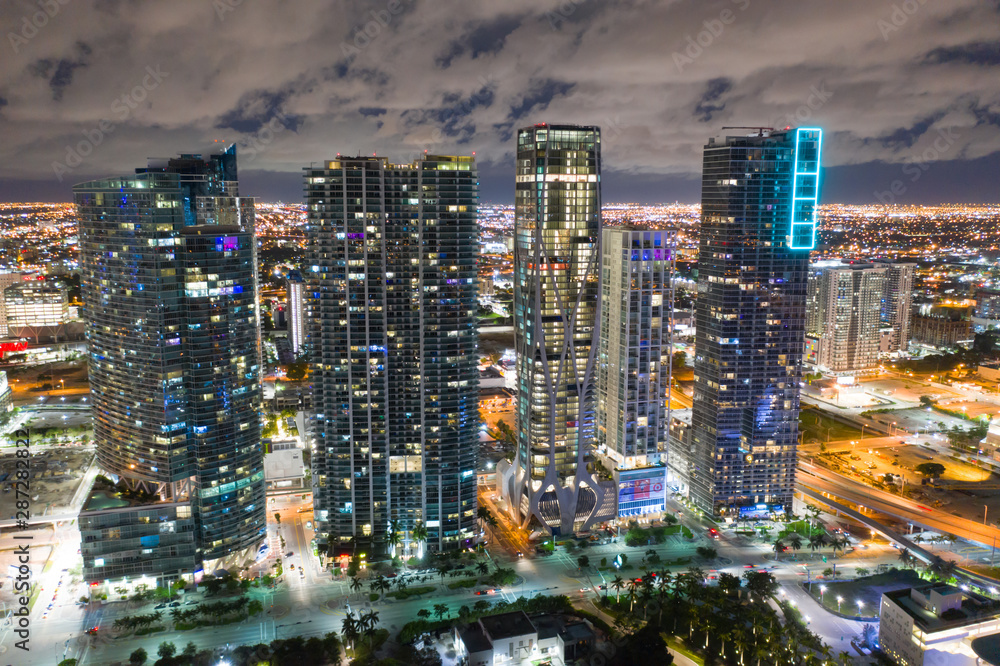 Aerial night photo skyscrapers at Downtown Miami FL
