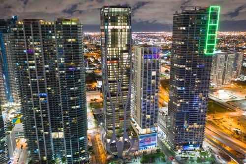 Aerial drone photo Downtown Miami skyscrapers modern architecture with neon lights