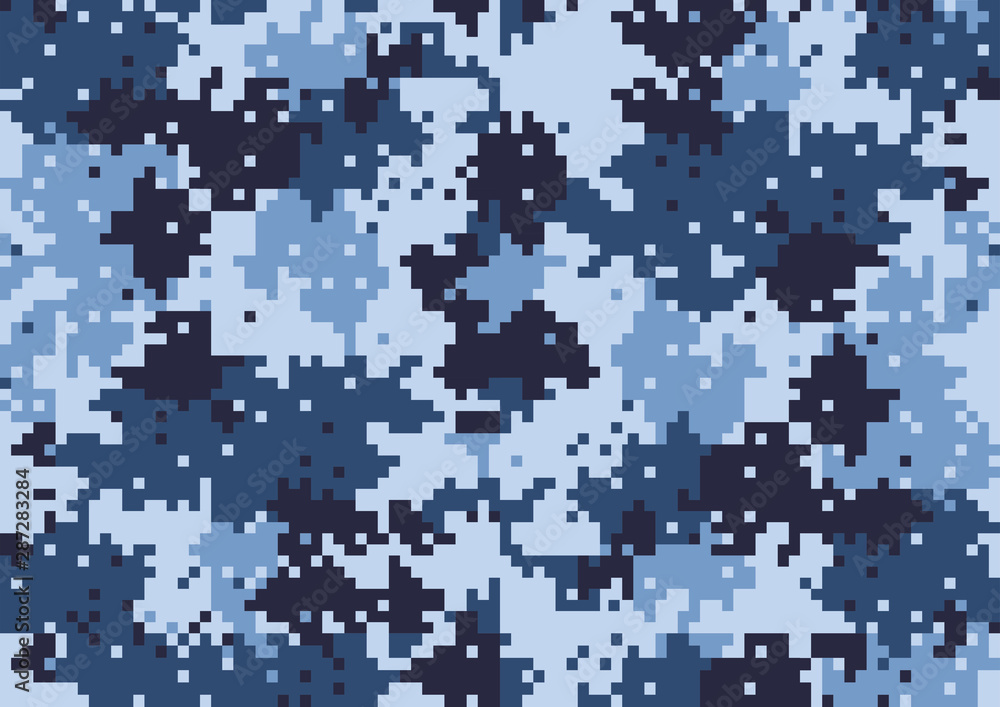 abstract square 8 bit art camouflage military pattern, skin texture blue color, fashion fabric printing vector illustration.