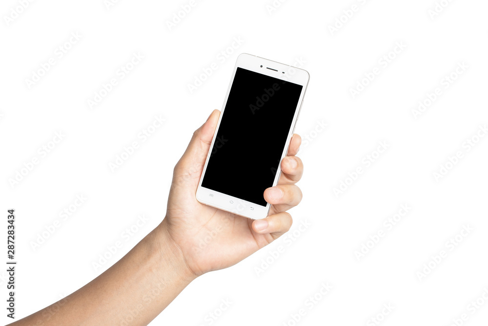 close up hand hold smartphone isolated on white, with clipping path. close up hand hold smartphone isolated on white, with clipping path.