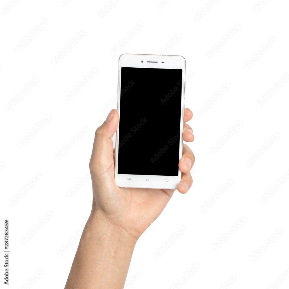 close up hand hold smartphone isolated on white, with clipping path. close up hand hold smartphone isolated on white, with clipping path.