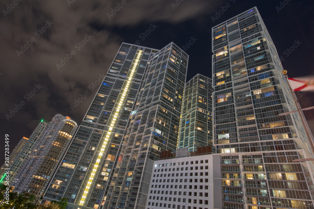 Highrise towers Downtown Miami Brickell. Long exposure clouds motion blur