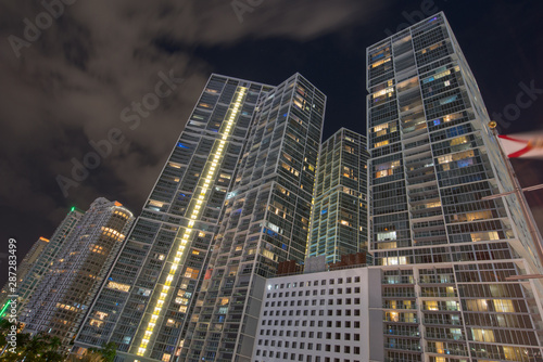 Highrise towers Downtown Miami Brickell. Long exposure clouds motion blur