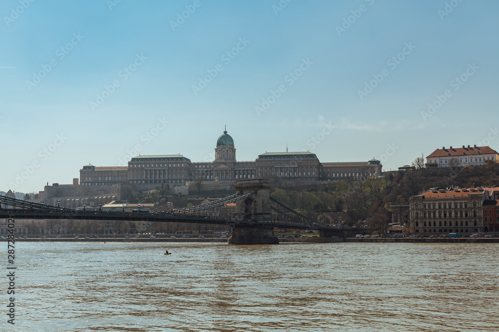 Panoramic view of Budapest and the Chain Bridge over de Danube river, one of the most beautiful cities in Europe.  Budapest, Hungary.